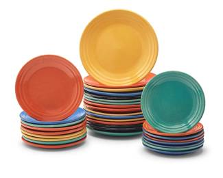3088
A group of California Rainbow ceramic dishware
Mid/late 20th century
Some dinner plates impressed to underside: California / Rainbow
Comprising 16 dinner plates (9.5"), 9 salad plates (7.625"), and 8 bread & butter plates (7")
33 pieces
Estimate: $300 - $500