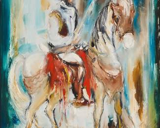 3046
Ted DeGrazia
(1909-1982)
"Juan 1722-1762," 1961
Oil on canvas
Signed lower right: DeGrazia; signed again and inscribed, verso: "Muy Macho / Juan Galvan / Tucson / Arizona / USA"; titled and again inscribed "Muy Macho," all in pencil on the stretcher; dated by repute
24" H x 18" W
Estimate: $1,500 - $2,000
