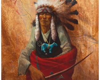 3071
Mike Larsen
(b. 1945)
"Chief Gall"
Acrylic on canvas
Signed and inscribed lower right: Larsen / ©2M; titled on the sales invoice
50" H x 40" W
Estimate: $2,000 - $3,000