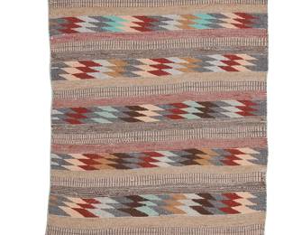 3272
A Mary Arthur Navajo Crystal rug
Mary Arthur (b. 20th century, Diné)
Mid/late 20th century
Woven in tan, rust, grey, teal, and brown wool in an alternating geometric twill banded motif
43.5" H x 33" W
Estimate: $300 - $500