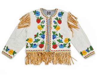 3243
A Hairston Roberson Ropa fully beaded fringed coat
Late 20th century
With maker's label to interior, Size Small
The heavy short beaded coat with overall multicolored Plains-style floral motifs on a white beaded field, trimmed with buckskin fringe to sleeves and hem, and with shoulder pads and a blue printed cotton lining
Center back: 19.5"; fringe: 5.5"; back underarms: 20"; shoulders: 16"; sleeves: 21.5"
Estimate: $200 - $400