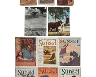 3153
Maynard Dixon (1875-1946)
A group of publications with illustrated covers and ephemera, 1908-1942
Softcover booklets
Comprising seven issues of "Sunset" magazine and two issues of "Pearson's" magazine, each with cover illustrations by Maynard Dixon, and an issue of "Arizona Highways" magazine with an article about Dixon with representations of his art, together with an associated copy of "Arizona Highways"
11 pieces
Largest: 12.125" H x 9.125" W
Estimate: $300 - $500