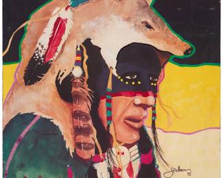 3065
Jim Nelson
(1943-2022)
Warrior with wolf skin headdress, 1993
Offset lithograph in colors on canvas
Edition: 2/100
Signed, dated, and numbered in ink, lower right: J. Nelson
18" H x 18" W
Estimate: $400 - $600