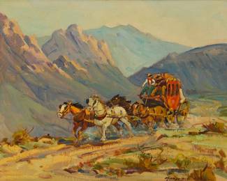 3002
Marjorie Reed
(1915-1996)
Red wagon through a western landscape
Oil on canvas laid to board
Signed lower right: Marjorie Reed
16" H x 20" W
Estimate: $1,800 - $2,200