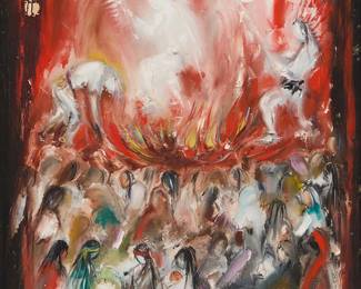 3047
Ted DeGrazia
(1909-1982)
"Spirits War Dance," 1961
Oil on canvas
Signed lower right: DeGrazia; signed again and inscribed, verso: "Juan Galvan Story / Tucson / Arizona / USA"; titled in pencil on the stretcher; dated by repute
24" H x 20" W
Estimate: $1,500 - $2,000
