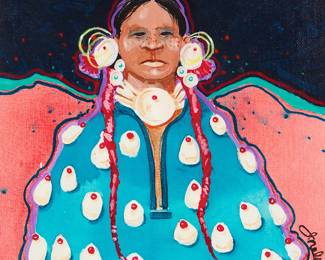 3061
Jim Nelson
(1943-2022)
Native American wearing a blue robe with shells, 1993
Acrylic on canvasboard
Signed and dated lower right: J. Nelson 93
10" H x 8" W
Estimate: $700 - $900