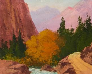 3158
Willard Page
(1885-1958)
"St. Vrain Canyon" (Colorado)
Oil on paperboard
Signed with initials lower left: WP; titled twice in pencil by the artist's wife, and with the artist's studio ink stamp, both on the frame's backing paper
Sight: 3.25" H x 3.25" W
Estimate: $200 - $400