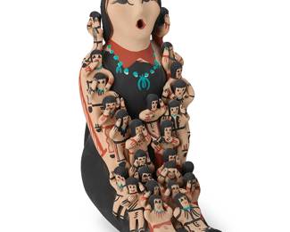 3404
Edwina Tosa Tortalita (b. 1966, Jemez Pueblo)
A large Jemez Pueblo polychrome pottery storyteller figure
Signed to base: Edwina Tortalita / Jemez _M [partial]
A tall figure wearing black with a polychrome mantle to the back with geometric motifs and with twenty-five children
10.5" H x 5" W x 9" D
Estimate: $200 - $400