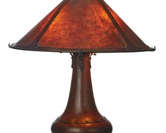 3074
A Dirk van Erp hammered copper table lamp
Circa 1913-1915; San Francisco, CA
Base marked: Dirk van Erp [open-box mark]
The two-light lamp with a rivetted copper base and a copper and mica shade, electrified
Overall: 19.5" H x 19" Dia.
Estimate: $6,000 - $8,000