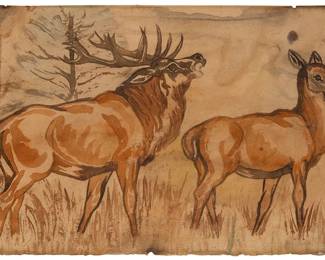 3125
Attributed to Carl Clemens Moritz Rungius
(1869-1959)
Elk bugling
Watercolor on light brown paper
Bears signature lower right: C. Rungius
Sheet: 10" H x 14.875" W
Estimate: $2,000 - $3,000