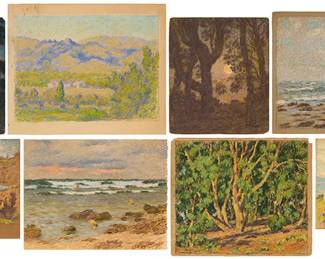 3165
Howard H. Koehl (1889-1967)
Eight outdoor views featuring forests, oceans, and/or mountains
Each: pastel on five sheets of paper, one on a sheet of contact-type paper, and two on paperboards
Three signed lower right: H.H. Koehl; five unsigned; one of the signed examples is inscribed, verso, "wax colors will melt in the sun"
Sheet of smallest: 6.75" H x 7.625" W; Sheet of largest: 10.25" H x 12.5" W
Estimate: $600 - $900