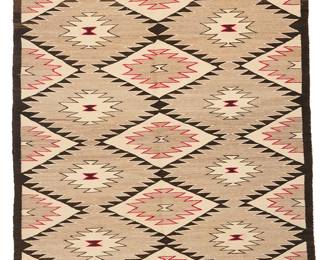 3253
A Navajo Red Mesa rug
Mid-20th century, Diné
With alternating rows of stacked and floating serrated diamonds, woven in red, cream, natural brown, and dark brown wool
60" H x 47.5" W
Estimate: $400 - $600