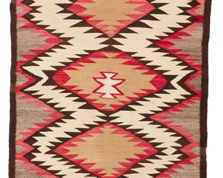 3223
A Navajo regional rug
Mid-20th century, Diné
A double saddle blanket woven in grey, red, brown, and cream wool with central stacked serrated diamonds
51" H x 34" W
Estimate: $200 - $400