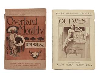 3137
Maynard Dixon (1875-1946)
"Overland Monthly" and "Out West" magazines with illustrated covers, 1895 and 1903
Softcover booklets
Wildman, Rounsevelle, ed. "Overland Monthly." November 1895. San Francisco: Overland Monthly Publishing Company, 1895
Lummis, Chas F., ed. "Out West: A Magazine of the Old Pacific and the New." San Francisco: Out West Company, 1903
Each issue with early cover illustration by Maynard Dixon
2 pieces
Overland: 10.25" H x 7" W x 0.25" D; West: 9.875" H x 7" W x 0.375" D
Estimate: $300 - $500