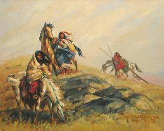 3034
Nancy McLaughlin
(1932-1985)
Native American riders and horses, 1973
Offset lithograph in colors on paper
With the printed signature and date lower right: McLaughlin / 1973
Sight: 4.875" H x 6.75" W
Estimate: $400 - $600