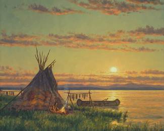 
3029
Randy Van Beek
(b. 1958)
"Blackfoot Lake Camp"
Oil on canvas
Signed lower right: R Van Beek ©; titled in green ink, in another hand, on a label strung on the frame's hanging wire
20" H x 24" W
Estimate: $4,000 - $6,000