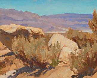 3132
Maynard Dixon
(1875-1946)
"Lone Pine," 1924
Oil on canvas laid to artist's board
Signed with initials, titled, and dated lower left: MD / June 1924; with the artist's San Francisco studio label affixed verso
10" H x 14" W
Estimate: $20,000 - $30,000