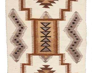 3249
A Dorothy Cody Navajo regional rug
Dorothy "Aee" Cody (1914-2012, Diné)
Mid/late 20th century
Woven in white, brown, grey, tan, and black wool in a storm pattern with lightning motifs and floating diamonds
60" H x 32.5" W
Estimate: $400 - $600