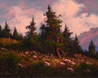 3021
Heinie Hartwig
(b.1937)
"Light on the Ridge"
Oil on Masonite
With the incised signature lower left: Heinie Hartwig ©; titled verso, and again on an information label affixed verso
9" H x 12" W
Estimate: $700 - $900