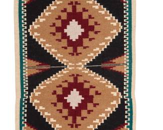3278
A Navajo regional weaving
Late 20th century, Diné
With label: Fannie Begay / Rock Point
Woven in cream, tan, green, black, burgundy, and grey wool with two stacked stepped diamonds and crenellated border to sides
34.5" H x 24" W
Estimate: $200 - $400