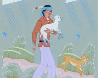 3110
Harrison (Haskay Yahne Yah) Begay
(1917-2012, Navajo/Diné)
Shepherd and lamb
Gouache on light blue paper
Signed lower left and right: Haskay Yahne Yah / Harrison Begay
Sight: 10.5" H x 8.5" W
Estimate: $300 - $500