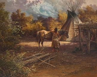 3030
Jorge Tarallo
(b. 1951)
"Before the Hunt," 1984
Oil on canvas
Signed, dated, and with the artist's device, all lower right: Jorge Tarallo / 84 ©; titled on the stretcher; titled again on a gallery label affixed verso
30" H x 40" W
Estimate: $800 - $1,200