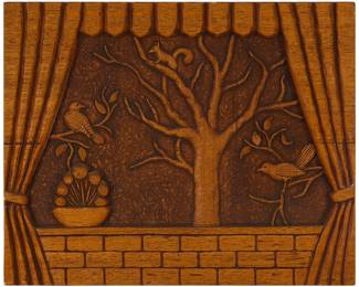 3171
A Folk Art carved wood window view
20th century
Carved signature lower right bricks: Doss
Carved with curtains and brick to foreground with a glass pane over the "outside" view of birds and a squirrel in a tree
22.75" H x 28" W x 1.625" D
Estimate: $400 - $600