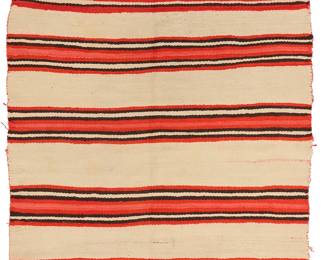 3216
A Navajo regional rug
Early 20th century, Diné
Woven with bands of red, pale, red, cream, and dark brown wool
66" H x 45" W
Estimate: $400 - $600