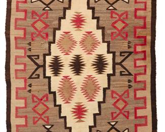 3219
A Navajo regional rug
Early 20th century, Diné
With a central stepped diamond and denticulated border, woven in red, dark brown, light brown, ochre, cream, and natural grey wool
79" H x 46" W
Estimate: $400 - $600