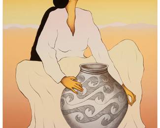 3113
R.C. Gorman
(1932-2005, Navajo/Diné)
"Salina," 1989
Lithograph in colors on wove paper
Edition: 39/224
Signed, dated, and numbered in pencil, and with the artist's blindstamp, all along the lower edge: R.C. Gorman 1989; Western Graphics, Inc., prntr. and pub., with their blindstamp lower center
Image/Sheet: 39.5" H x 32.5" W
Estimate: $300 - $500