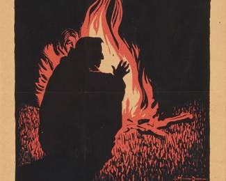 3135
Maynard Dixon
(1875-1946)
"Overland Monthly for August," circa 1895
Relief print in colors on light brown paper
From the edition of unknown size and date
With the printed signature lower right: L.Maynard.Dixon
Image: 14" H x 8.25" W; Sight: 16" H x 9.875" W
Estimate: $600 - $800