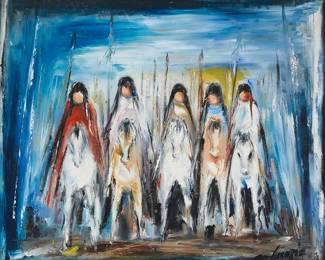3043
Ted DeGrazia
(1909-1982)
"Indians on Warpath," 1961
Oil on canvas
Signed lower right: DeGrazia; signed again and inscribed, verso: "Juan Galvan / Tucson Arizona / USA"; titled in pencil on the stretcher; titled again and dated on a label taped to the frame's verso
18" H x 20" W
Estimate: $1,500 - $2,000