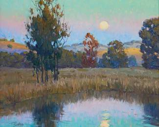 3162
Tim Solliday
(b. 1952)
Lakeside landscape
Oil on canvas
Signed lower left: T. Solliday
20" H x 24" W
Estimate: $1,200 - $1,800