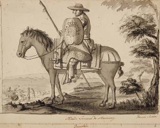 3119
Tomás de Suría
(1761-1835)
Monterey area soldier on horseback (Malaspina Expedition of 1789-94)
India ink and ink wash on laid paper, partial watermark of a heraldic shield
Signed in ink at lower right below the image: Tomas Suría; titled and/or inscribed at lower center below the image, partly indistinctly, including possibly, "Soldado Lancero de Monterrey" / "Borrador" (draft) annotation
Sight: 10.375" H x 14.125" W
Estimate: $3,000 - $5,000