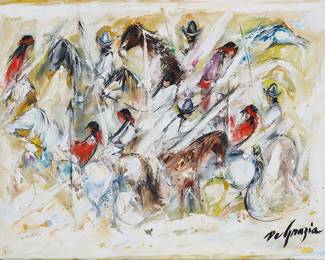 3042
Ted DeGrazia
(1909-1982)
"Big War Spaniards and Indians," 1961
Oil on canvas
Signed lower right: DeGrazia; signed again and inscribed, verso: "Juan Galvan / Tucson Arizona / USA"; titled in pencil on the stretcher; dated by repute
16" H x 22" W
Estimate: $1,500 - $2,000