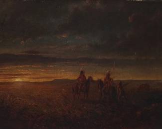 3028
Antonio Zeno Shindler
(1813-1899)
Native Americans in a plains landscape
Oil on canvas laid to board
Signed with the artist's monogram lower left
6.5" H x 10" W
Estimate: $2,000 - $3,000