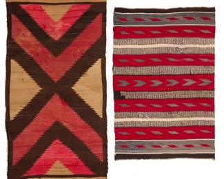 3284
Two Navajo regional rugs
Mid-20th century, Diné
Comprising a small rug woven in red, brown, and light brown wool with an X-form motif to center
as well as a banded saddle blanket woven in red, black and cream with ticked and geometric striped banding
2 pieces
Larger: 60" H x 33" W; Smaller: 49" H x 33" W
Estimate: $200 - $400