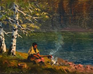 3005
Heinie Hartwig
(b. 1937)
Cooking beside a river
Oil on Masonite
With the incised signature lower left: Heinie Hartwig ©
5" H x 7" W
Estimate: $500 - $700