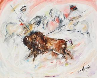 3041
Ted DeGrazia
(1909-1982)
"Buffalo Kill," 1961
Oil on canvas
Signed lower right: DeGrazia; signed again and inscribed, verso: "Juan Galvan / Tucson / Arizona / USA"; titled and dated by repute
22" H x 28" W
Estimate: $3,000 - $5,000