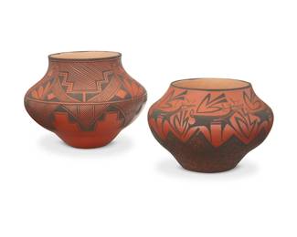 3363
Two Zuni Pueblo pottery jars
Two works:

Anderson Jamie Peynetsa (b. 1997, Zuni Pueblo)
An olla-form jar, early 21st century
Signed and inscribed to underside: Anderson J. Peynetsa / Zuni N.M. / 16 years old "13" ©
With matte black banded step and foliate motifs to body
7" H x 9.25" Dia.

Avelia Peynetsa (b. 1964, Zuni Pueblo)
A pottery deer jar, 2013
Incised signature and date to underside: A.A. Peynetsa / Zuni N.M. / ©
With matte black banded heartline deer figures
5.75 H x 8.25" Dia.

2 pieces
Estimate: $400 - $600