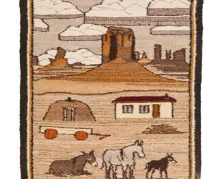 3184
A Navajo pictorial weaving
Late 20th century, Diné
Woven in brown, tan, grey, cream and orange wool depicting a house and hogan with donkeys, a horse, and a wagon in a desert landscape
29" H x 23" W
Estimate: $300 - $500