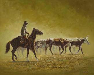 3009
John Stanford
(b. 1947)
Mounted cowboy herding longhorns
Oil on canvas
Signed lower right: J. Stanford
20" H x 24" W
Estimate: $300 - $500