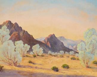 3163
John Hilton
(1904-1983)
Smoke trees in a desert landscape
Oil on Masonite
Signed lower right: John Hilton
19" H x 28.5" W
Estimate: $1,000 - $1,500