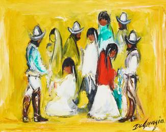 3045
Ted DeGrazia
(1909-1982)
"Old Indian and Wife Trade," 1961
Oil on canvas
Signed lower right: DeGrazia; signed again and inscribed "Tucson / Arizona / Galvan" verso; titled in pencil on the stretcher
9" H x 12" W
Estimate: $1,500 - $2,000