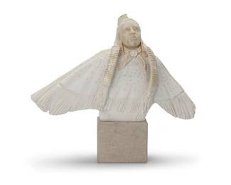 3101
Alvin Marshall
(b. 1959, Navajo/Diné)
Bust of a woman as a bird
Carved alabaster on a stone plinth
Incised signature verso: © Alvin K Marshall
Carving: 10.5" H x 16.75" W x 4.5" D; Overall: 14.5" H
Estimate: $300 - $500