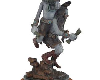 3180
Jim Jackson (b. 1963, Klamath/Modoc) & Baje Whitethorne (1950-2023, Navajo/Diné)
"The First Two Appear (Yei)"
Cold-painted bronze on marble plinth and rotating wood base
Edition: 4/40
Signed by each artist and numbered in the casting: Jim Jackson / Baje Whitethorne; titled to metal plaque mounted to base
Bronze: 18.75" H x 10.75" W x 8.75" D; Overall: 21" H x 12.75" W x 9" D
Estimate: $1,000 - $1,500