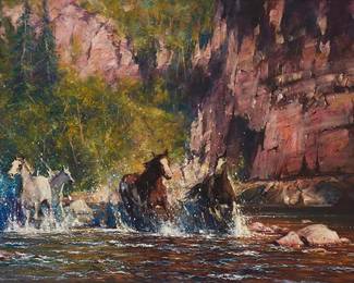 3008
Robert Hagen
(b. 1947)
"Startled"
Oil on canvas laid to panel
Signed lower left: Hagen; titled by repute
32" H x 55" W
Estimate: $2,000 - $3,000