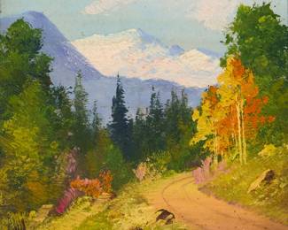 3161
Willard Page
(1885-1958)
"Pikes Pk. Highway"
Oil on canvasboard
Signed with initials lower left: WP; titled in pencil by the artist's wife, and with the artist's studio ink stamp, both on the frame's backing paper
Sight: 3.25" H x 3.25" W
Estimate: $200 - $400