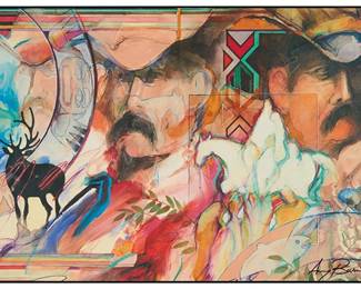 3068
Amy Burnett
(b. 1944)
Abstract composition of man and elk
Offset image on panel
Signed in ink lower right: Amy Burnett
12.5" H x 25" W x 0.125" D
Estimate: $1,000 - $1,500