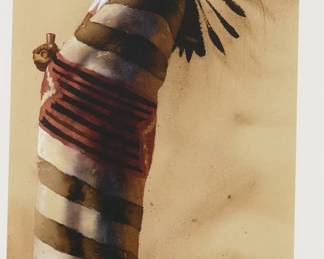 3072
William Matthews
(b. 1949)
"Ute Elder"
Lithograph in colors on wove paper
Edition: 16/50
Signed, titled, and numbered in pencil in the lower margin: William M.; titled and numbered again on a label strung to the hanging wire
Image: 26.5" H x 12" W; Sight: 28.5" H x 13.5" W
Estimate: $200 - $400